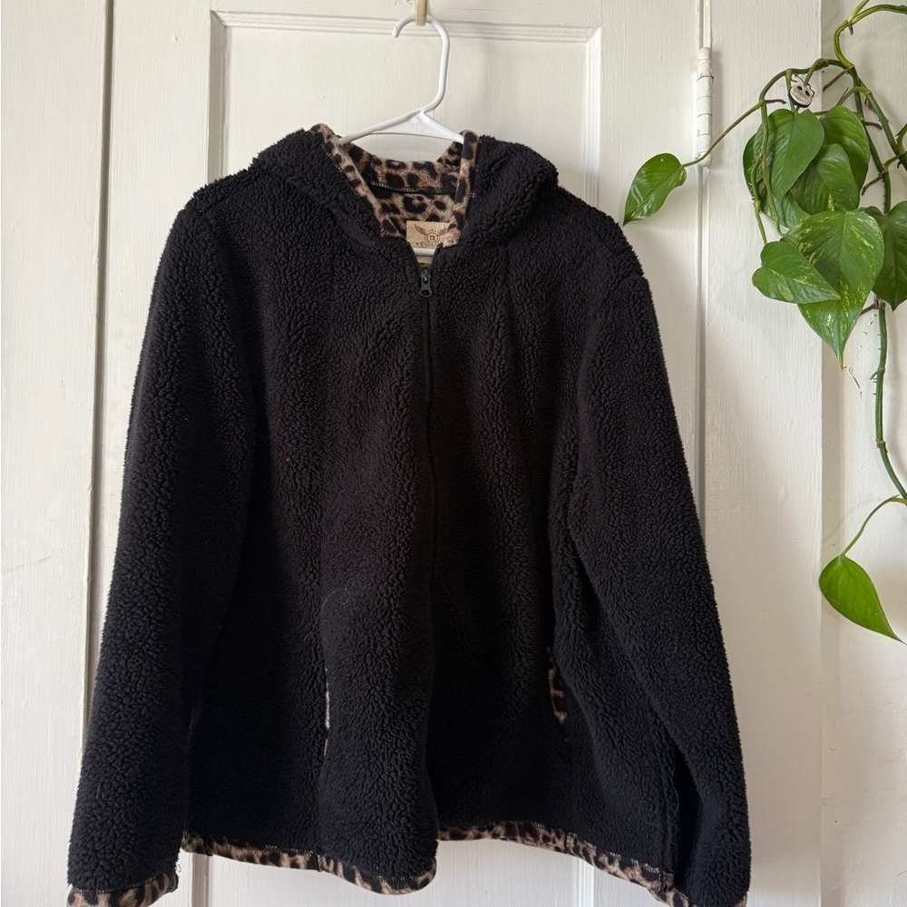 Black Sherpa Zip Hoodie with Leopard Lined Hood Faded Glory size 1X